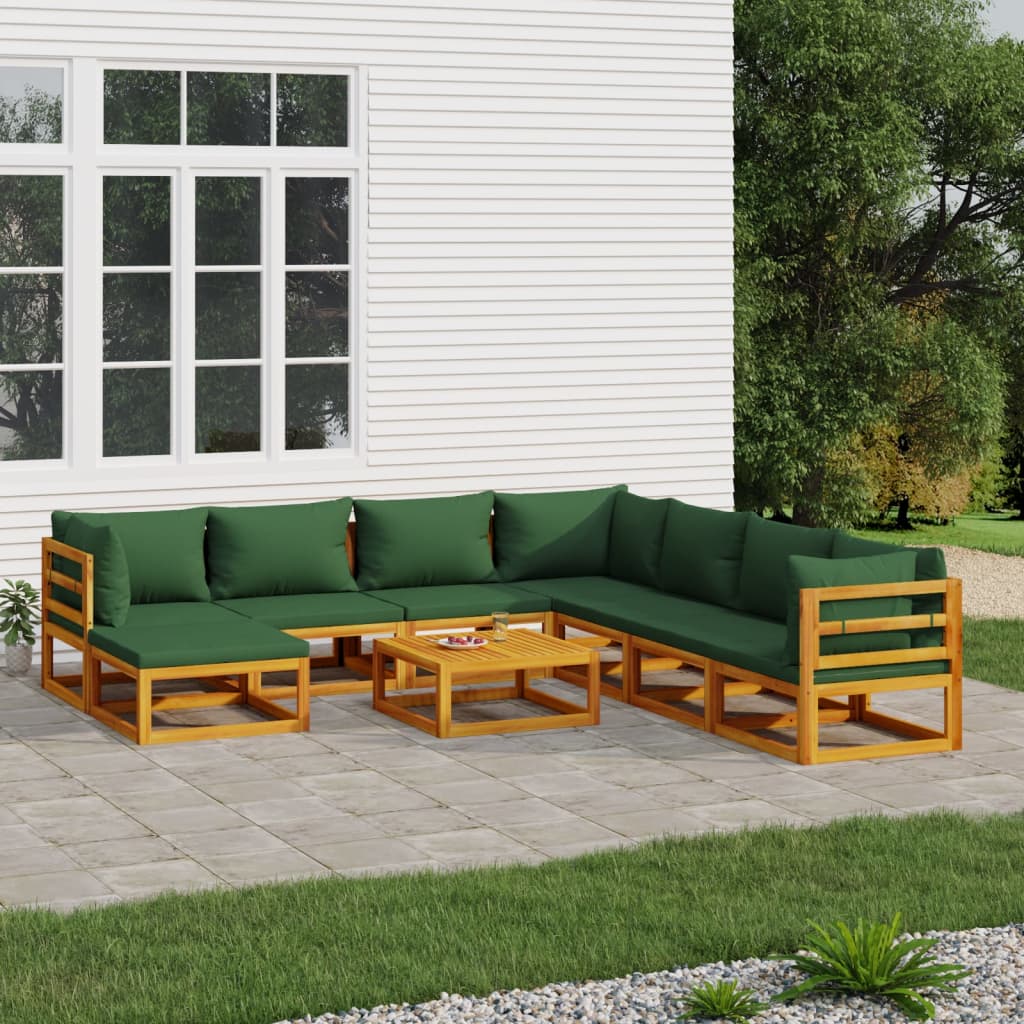 9 Piece Patio Lounge Set with Green Cushions Solid Wood