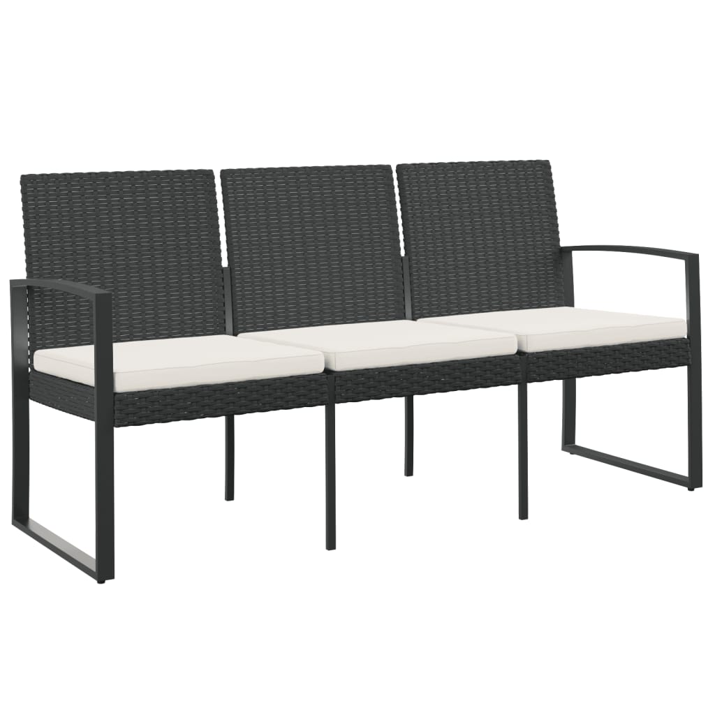 3-Seater Patio Bench with Cushions Black PP Rattan