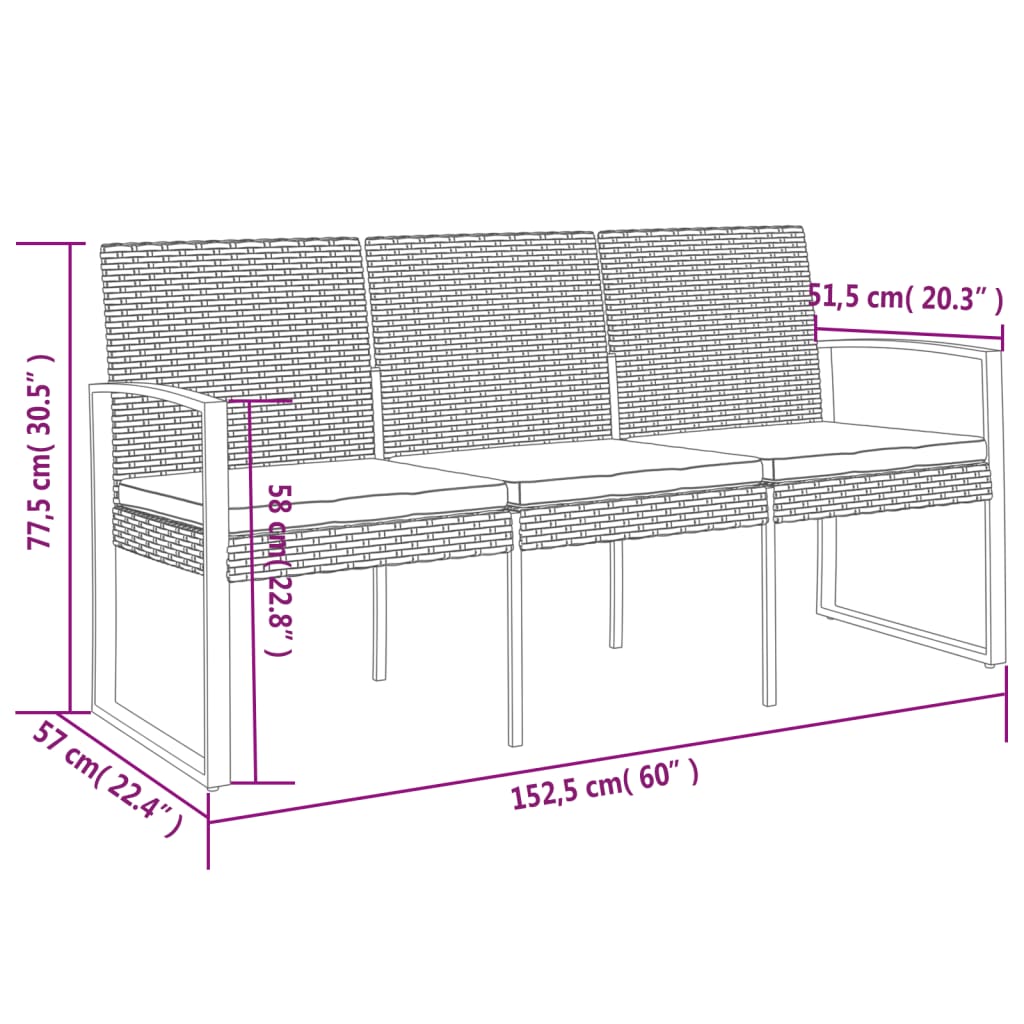 3-Seater Patio Bench with Cushions Black PP Rattan