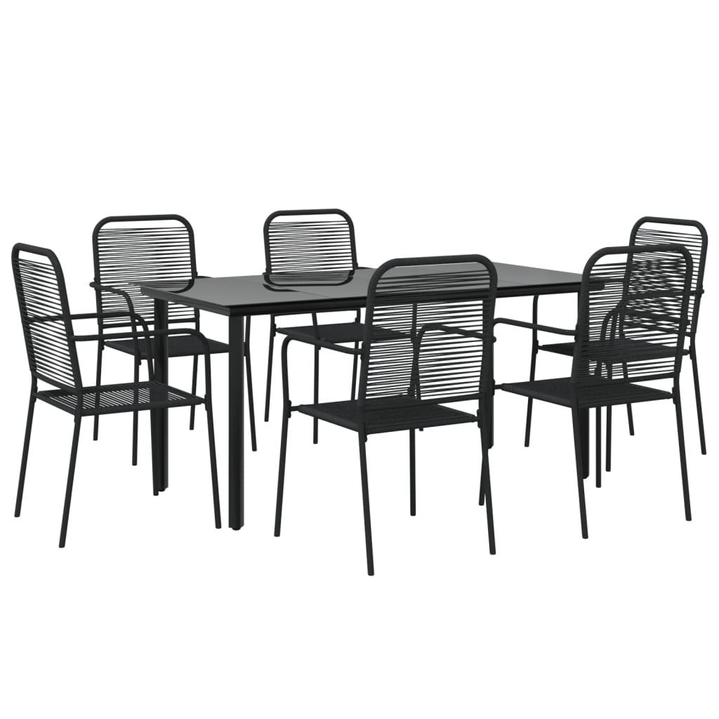 7 Piece Patio Dining Set Black Cotton Rope and Steel