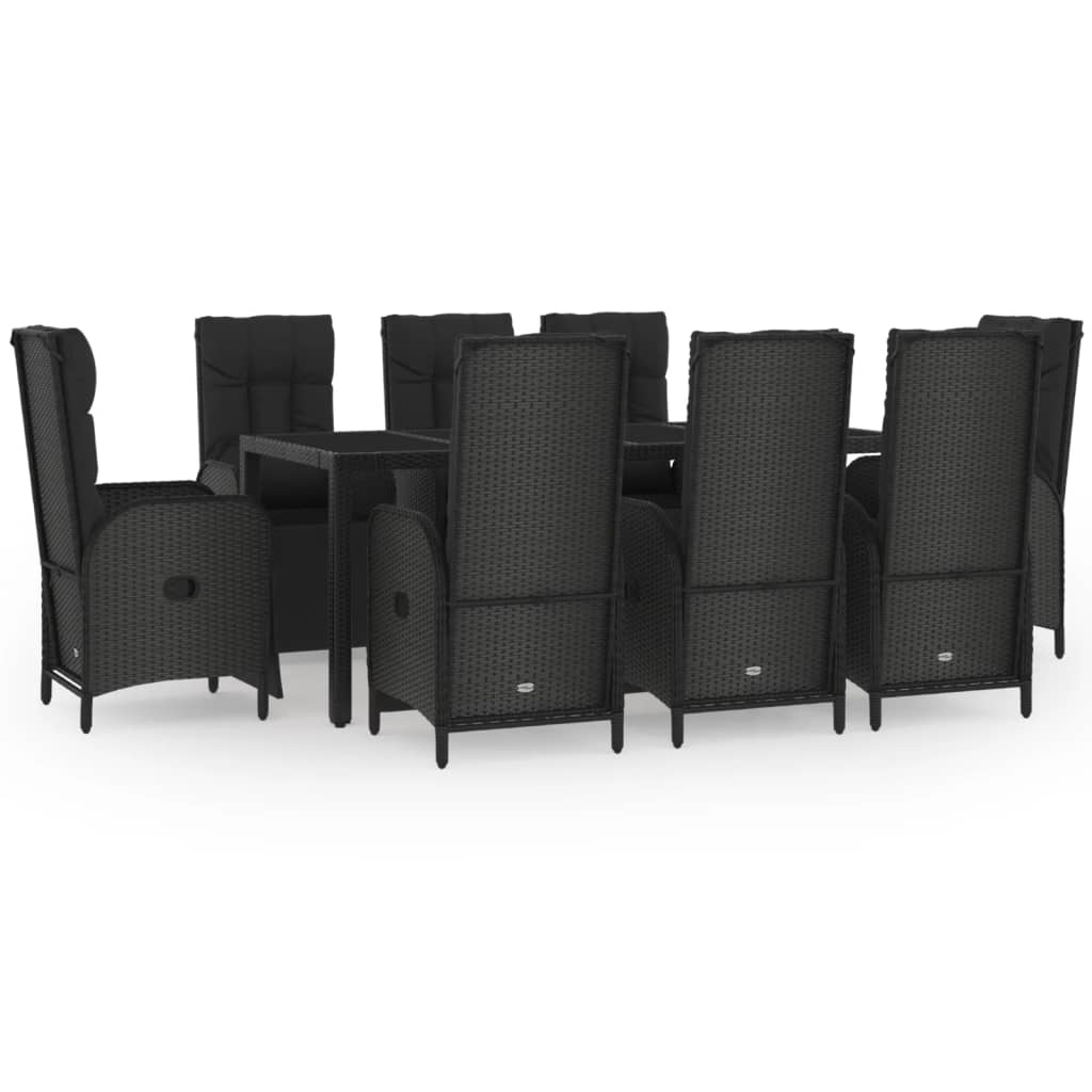 9 Piece Patio Dining Set with Cushions Black Poly Rattan