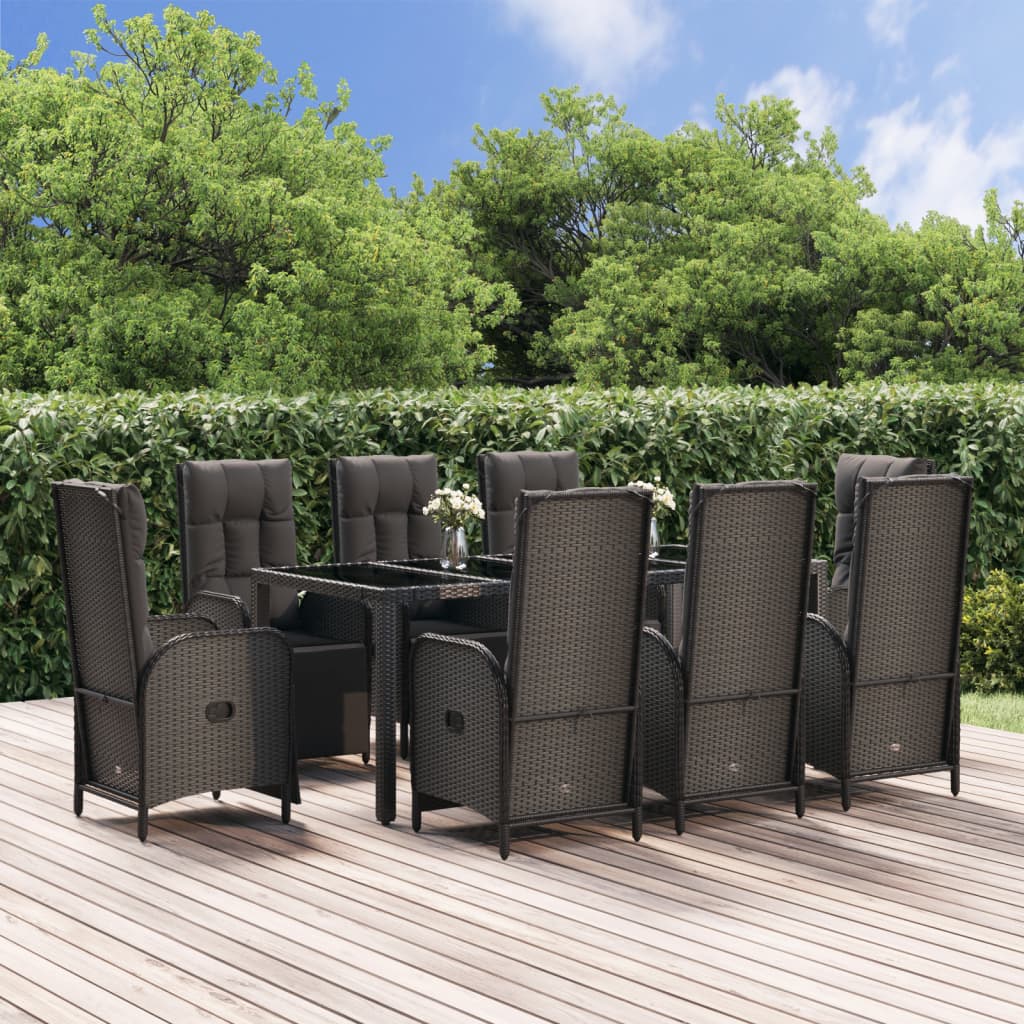 9 Piece Patio Dining Set with Cushions Black Poly Rattan