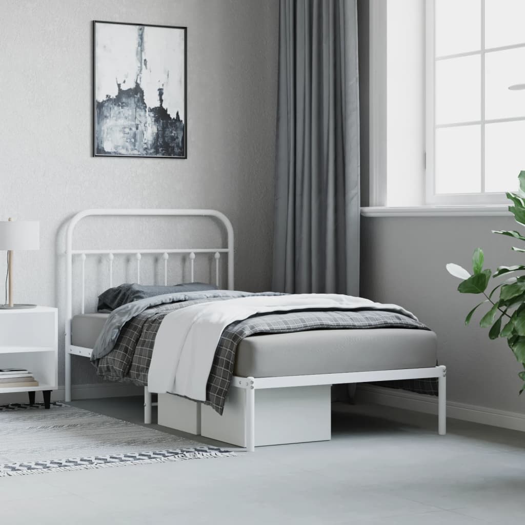 Metal Bed Frame with Headboard White 39.4"x74.8"