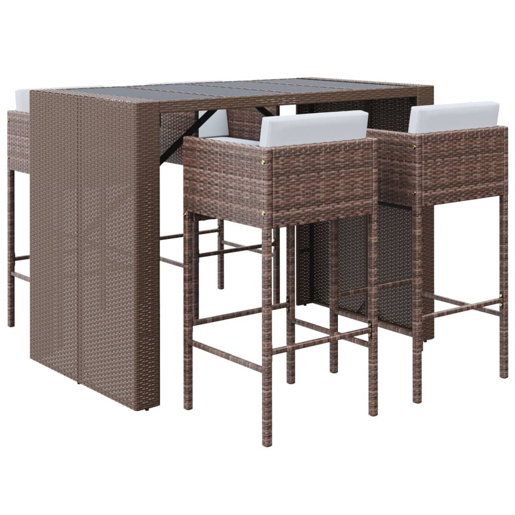 5 Piece Patio Bar Set with Cushions Brown Poly Rattan