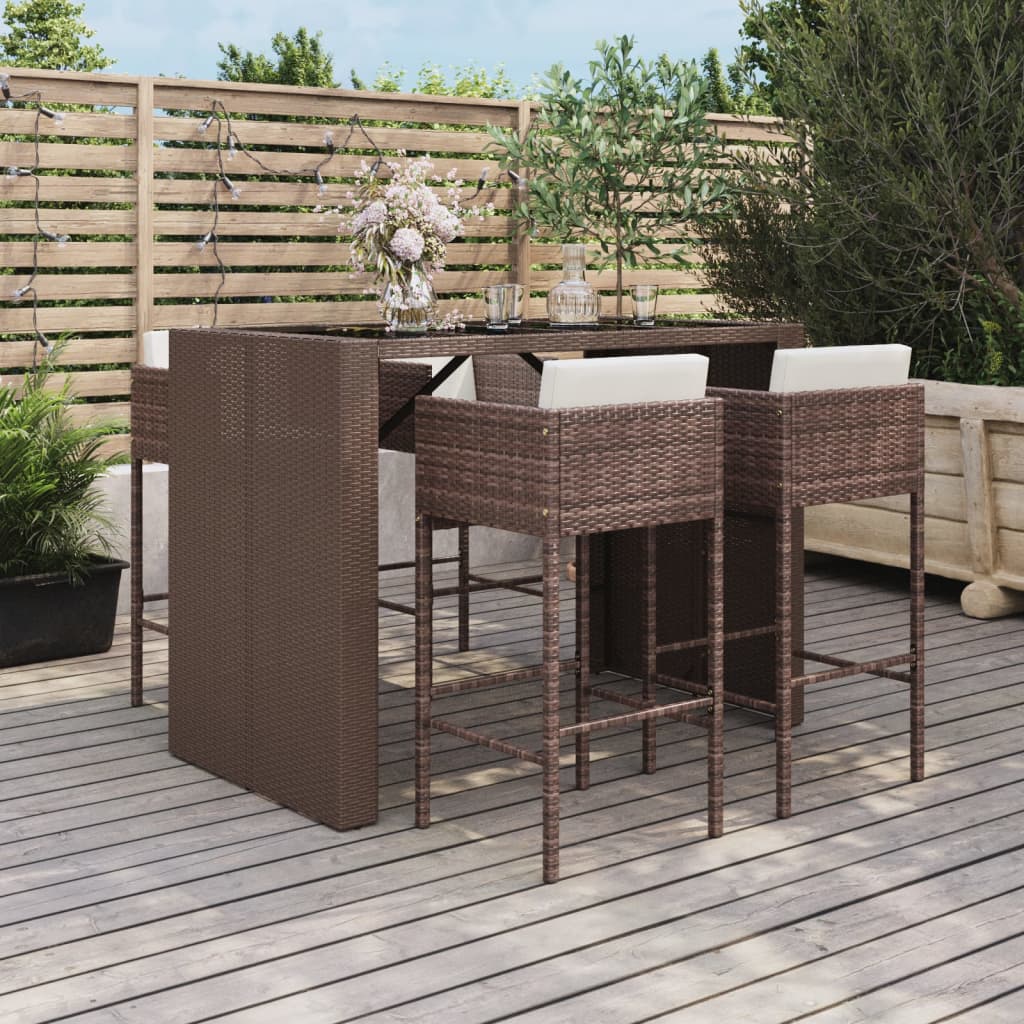 5 Piece Patio Bar Set with Cushions Brown Poly Rattan