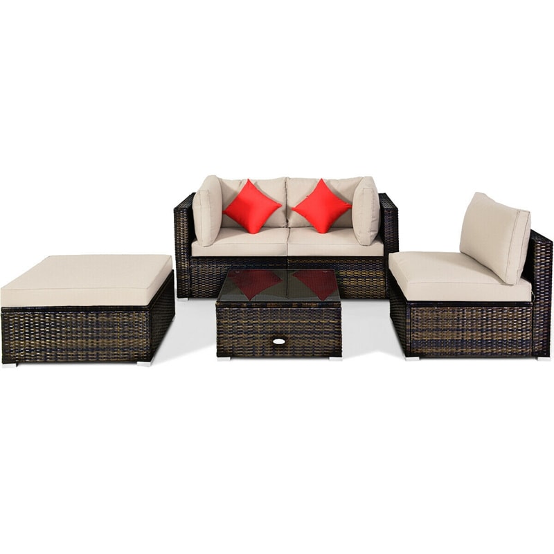 5 Piece Wicker Patio Rattan Furniture Set Outdoor Sectional Sofa with Glass Table & Cushions