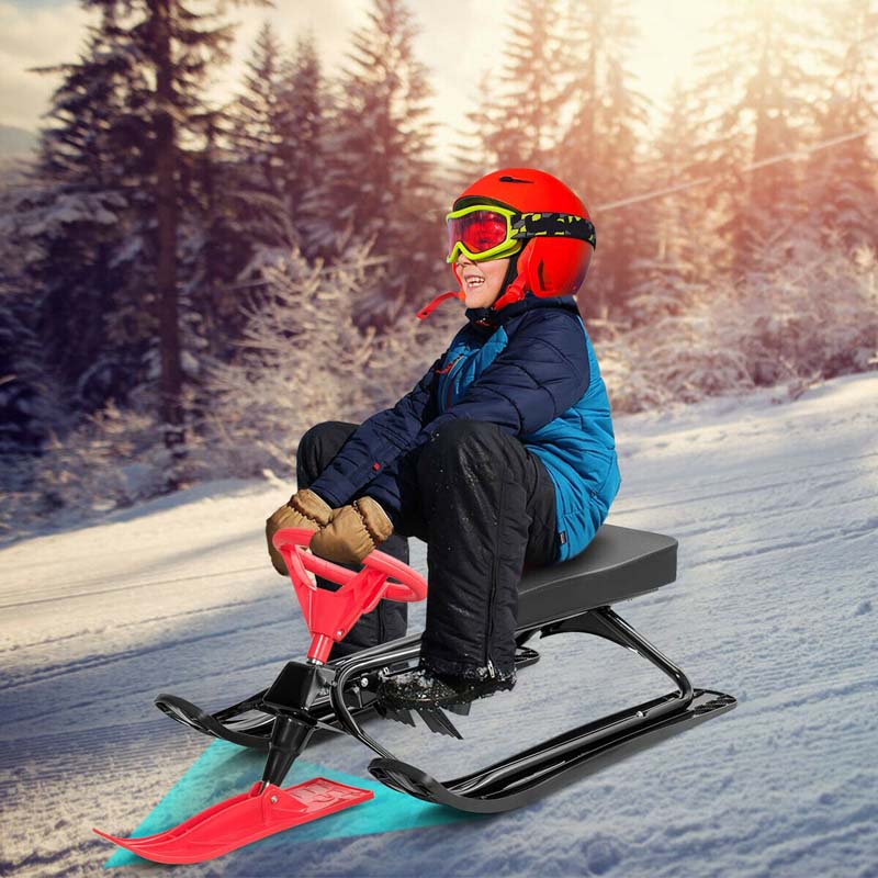 Kids Snow Racer Sled with Steering Wheel and Double Brake System