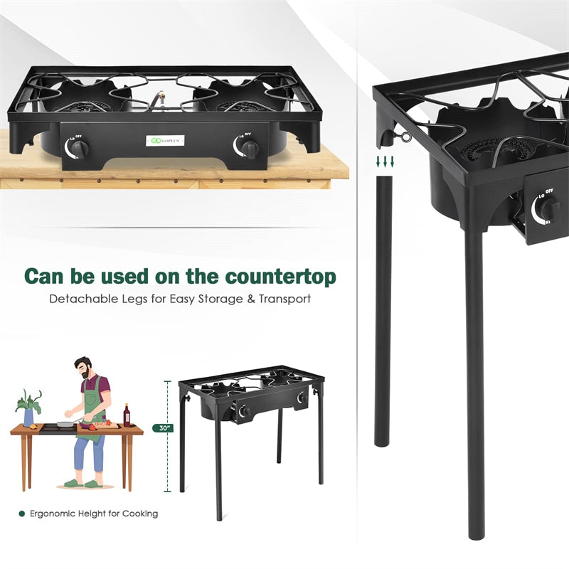 Camping Stove 2 Burner Propane Gas Cooker 150,000 BTU High Pressure Propane Burner with Detachable Legs & 20 PSI Regulator