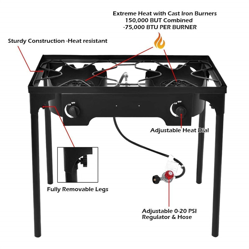 Camping Stove 2 Burner Propane Gas Cooker 150,000 BTU High Pressure Propane Burner with Detachable Legs & 20 PSI Regulator