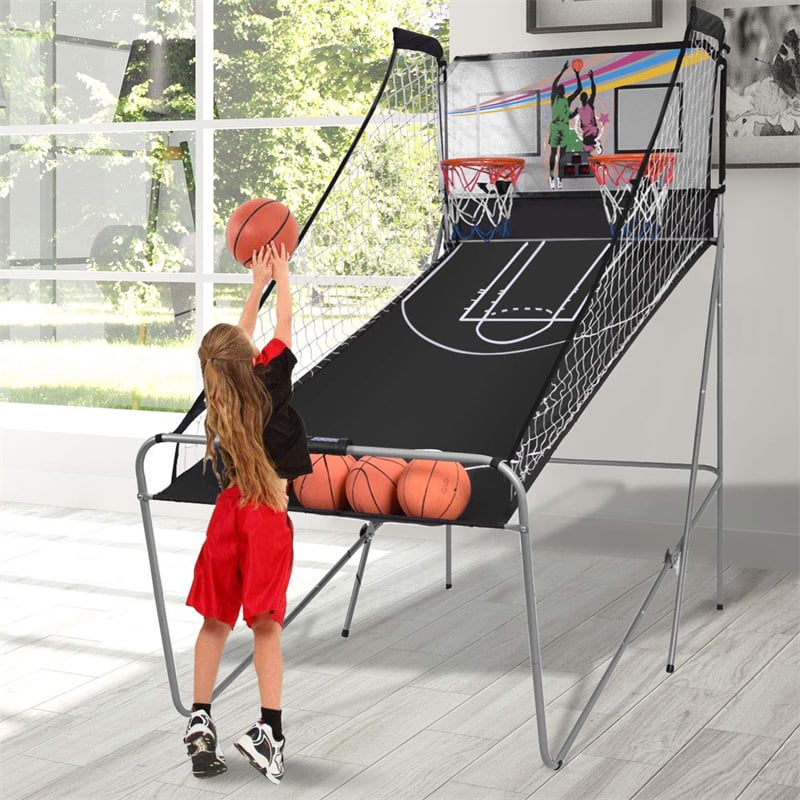 Foldable Basketball Arcade Game Electronic Double Shot Basketball Hoop with 4 Balls & LED Scoring System for Kids Adults