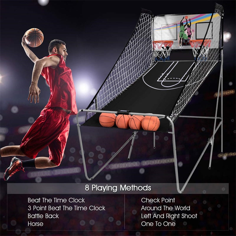 Foldable Basketball Arcade Game Electronic Double Shot Basketball Hoop with 4 Balls & LED Scoring System for Kids Adults