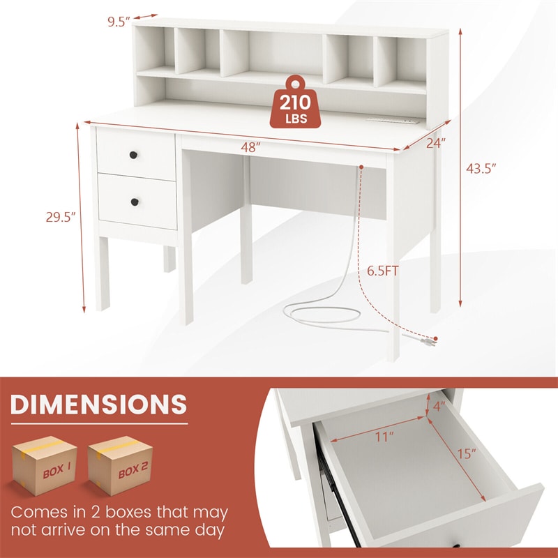 White Desk with Storage Drawers & Charging Station, Modern Home Office Computer Desk 48" Writing Table with 5-Cubby Hutch