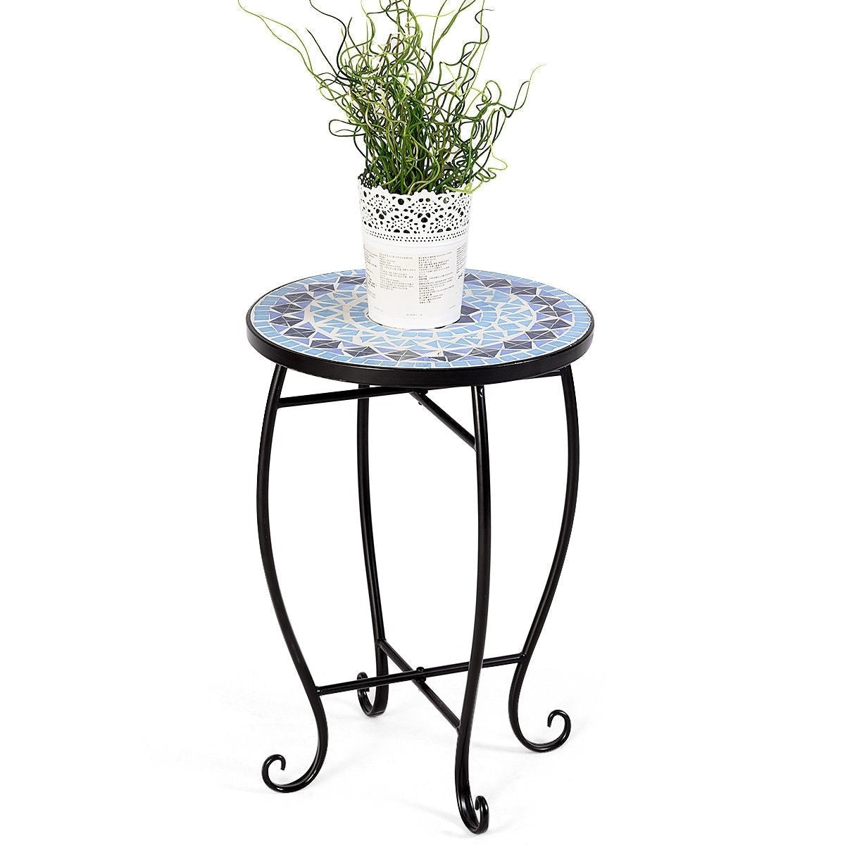Outdoor Indoor Steel Round Accent Table Mosaic Plant Stand Cobalt Table