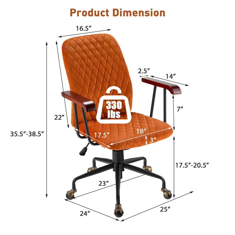 Velvet Home Office Desk Chair Adjustable Height Swivel Task Chair with Wooden Armrest & Copper Casters