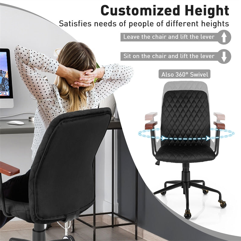 Velvet Home Office Desk Chair Adjustable Height Swivel Task Chair with Wooden Armrest & Copper Casters