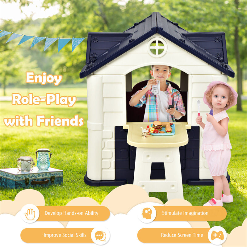 Kids Cottage Playhouse Outdoor Indoor Pretend Play House with Picnic Table, 7pcs Toy Set & Waterproof Cover