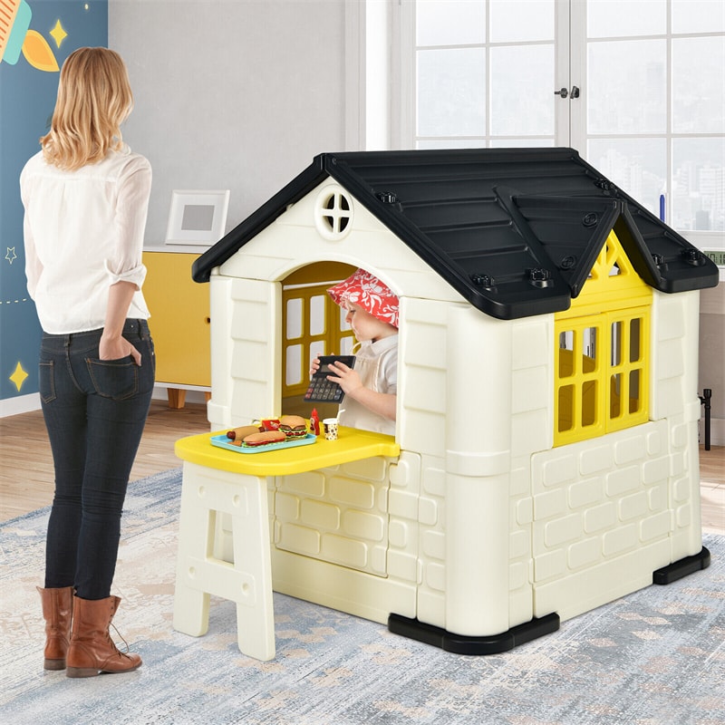 Kids Cottage Playhouse Outdoor Indoor Pretend Play House with Picnic Table, 7pcs Toy Set & Waterproof Cover