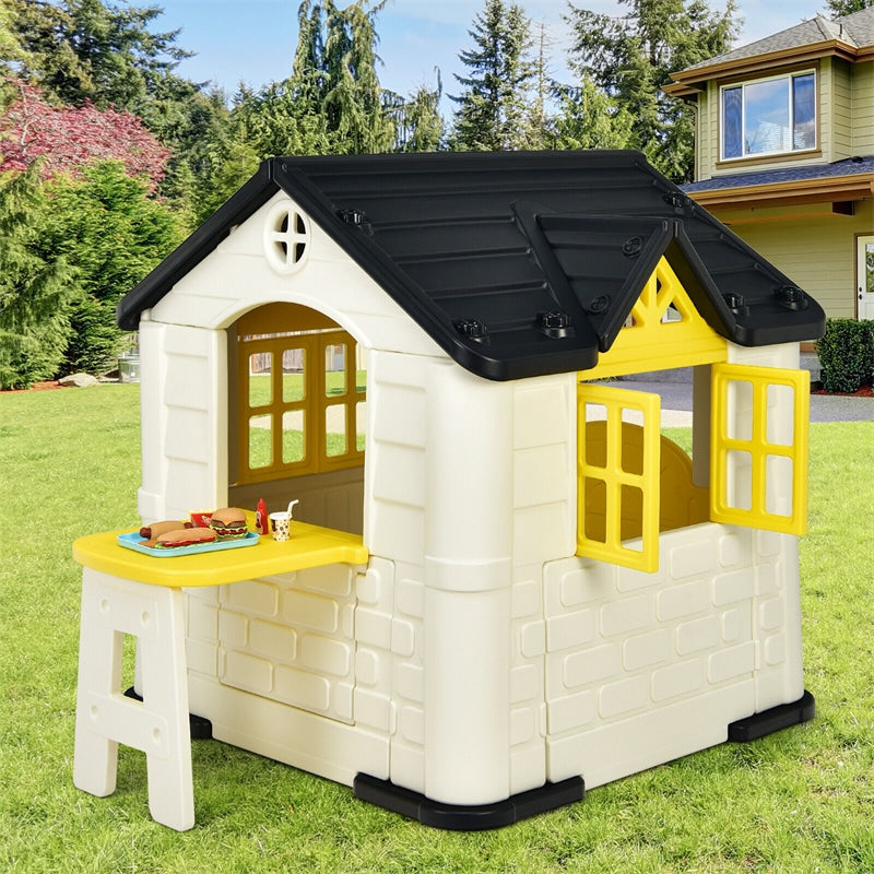 Kids Cottage Playhouse Outdoor Indoor Pretend Play House with Picnic Table, 7pcs Toy Set & Waterproof Cover