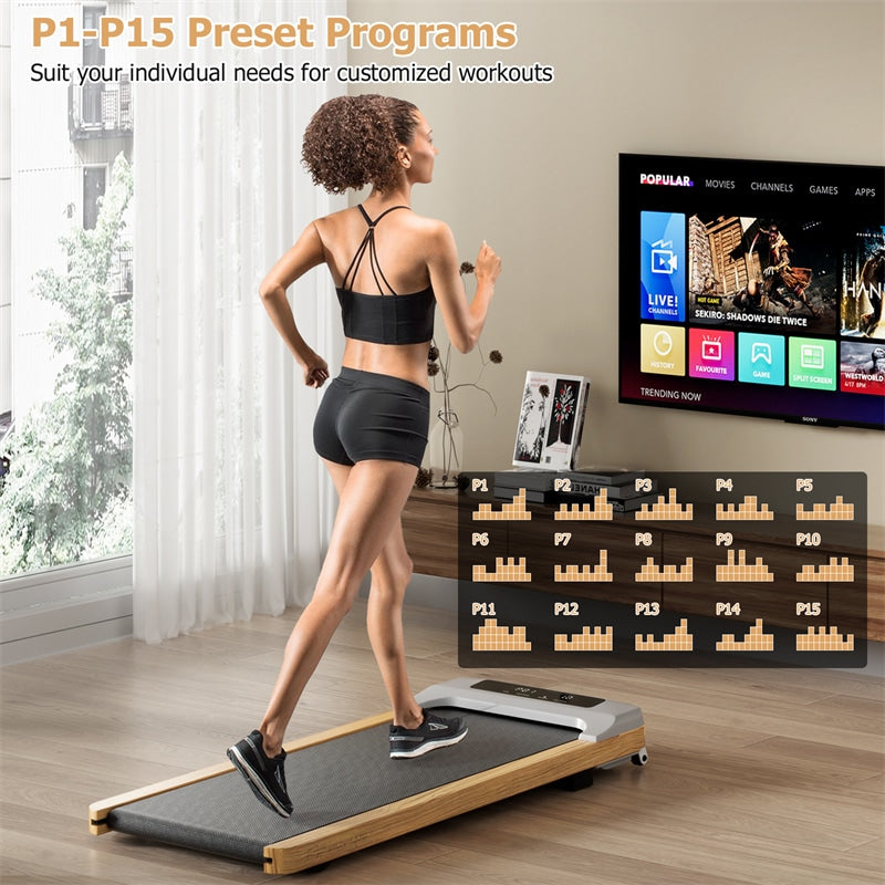 Walking Pad Under Desk Treadmill Wooden Frame Portable Treadmill Installation-Free Walking Pad with Remote Control & LED Display