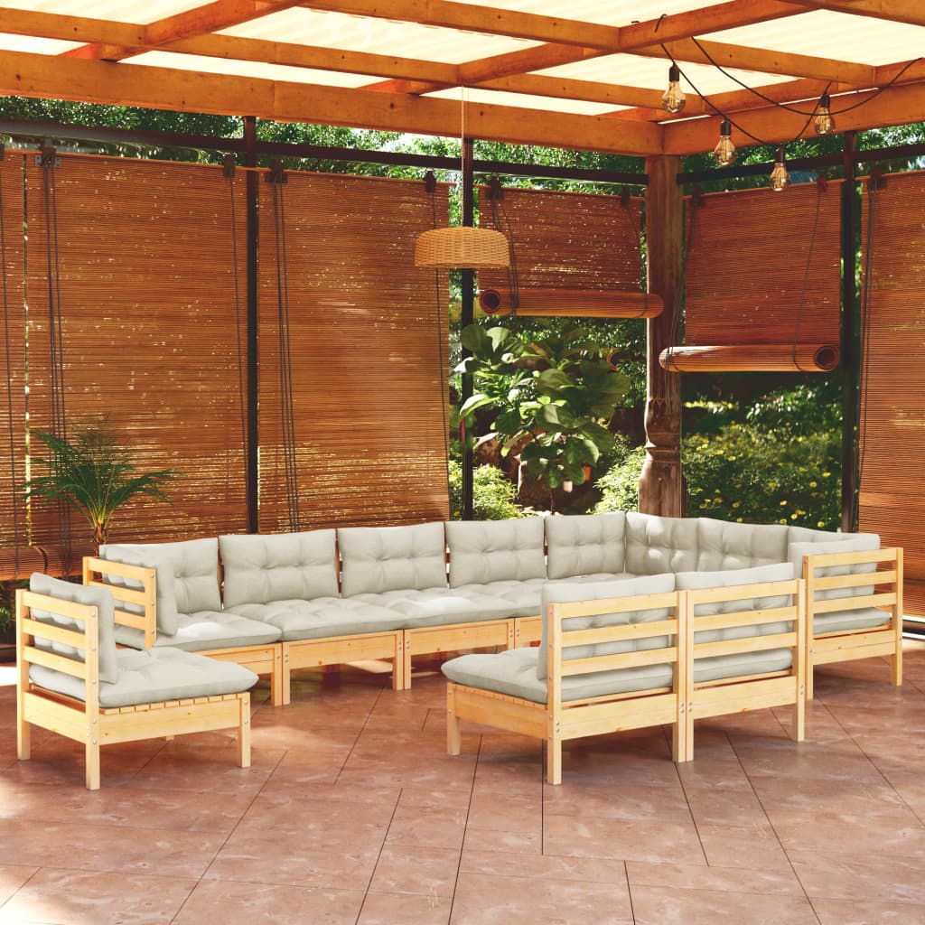 10 Piece Patio Lounge Set with Cream Cushions Solid Pinewood