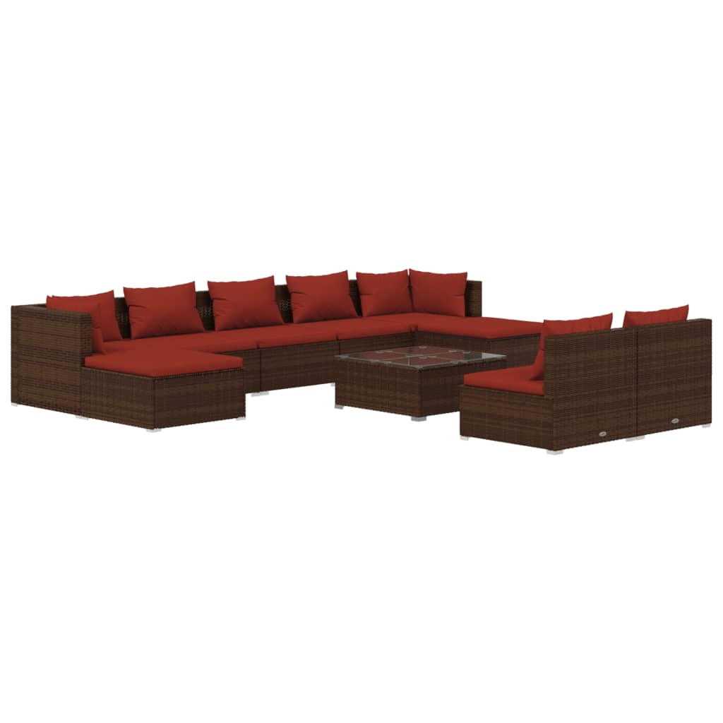 10 Piece Patio Lounge Set with Cushions Brown Poly Rattan