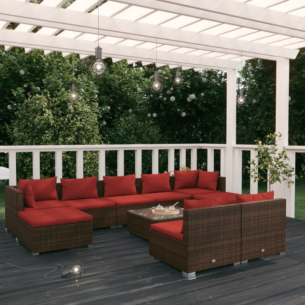 10 Piece Patio Lounge Set with Cushions Brown Poly Rattan