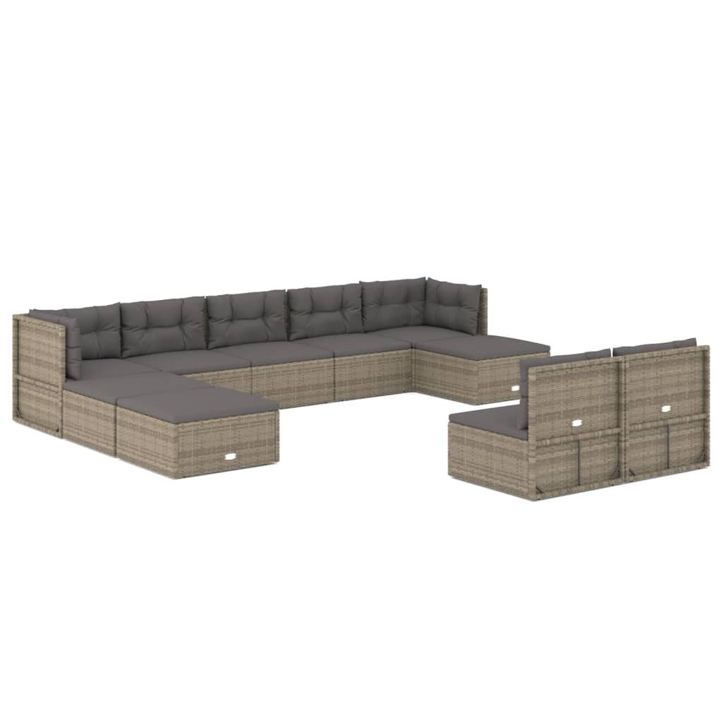 10 Piece Patio Lounge Set with Cushions Gray Poly Rattan