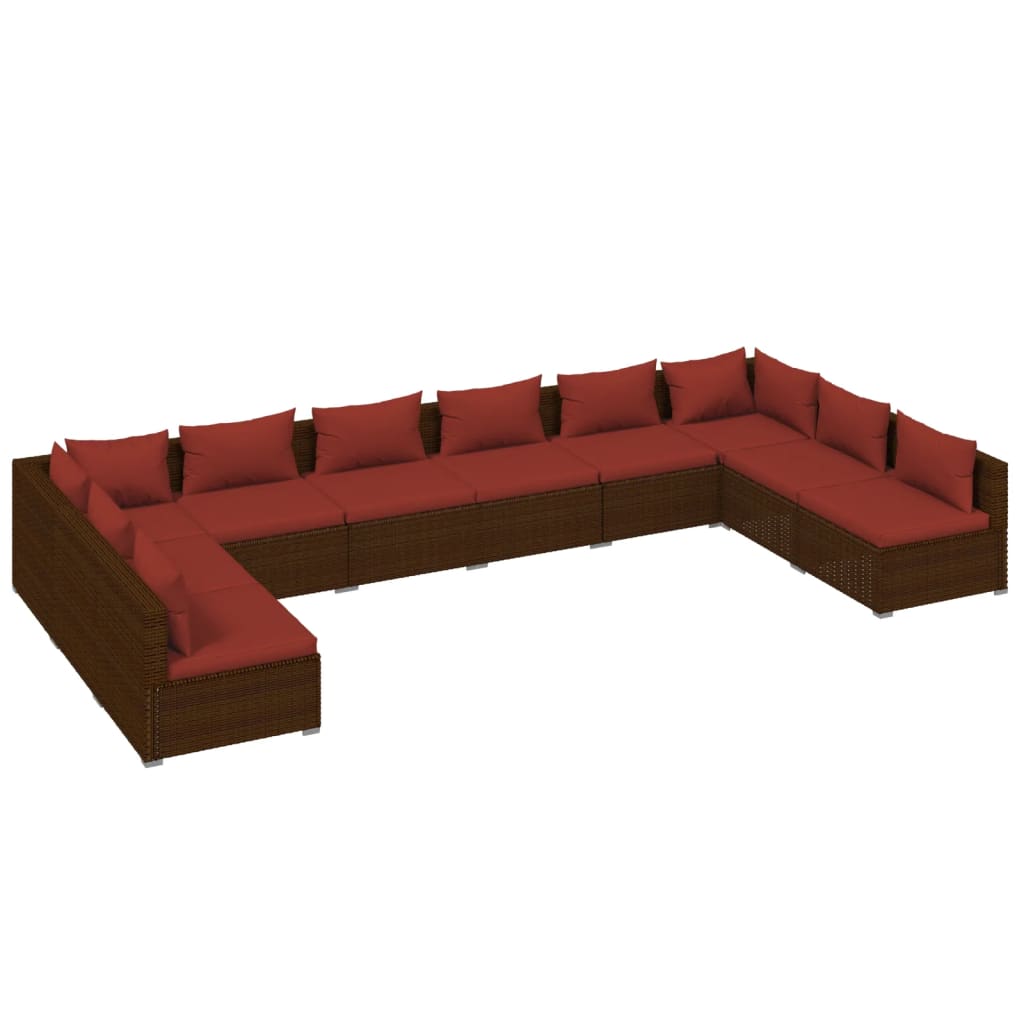 10 Piece Patio Lounge Set with Cushions Poly Rattan Brown