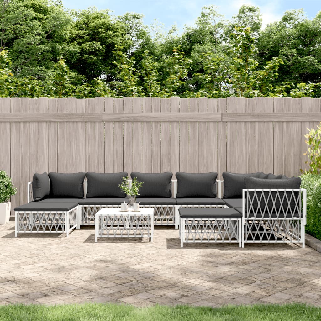10 Piece Patio Lounge Set with Cushions White Steel