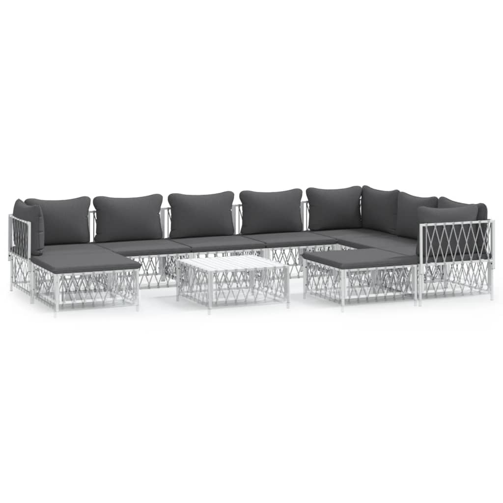 10 Piece Patio Lounge Set with Cushions White Steel