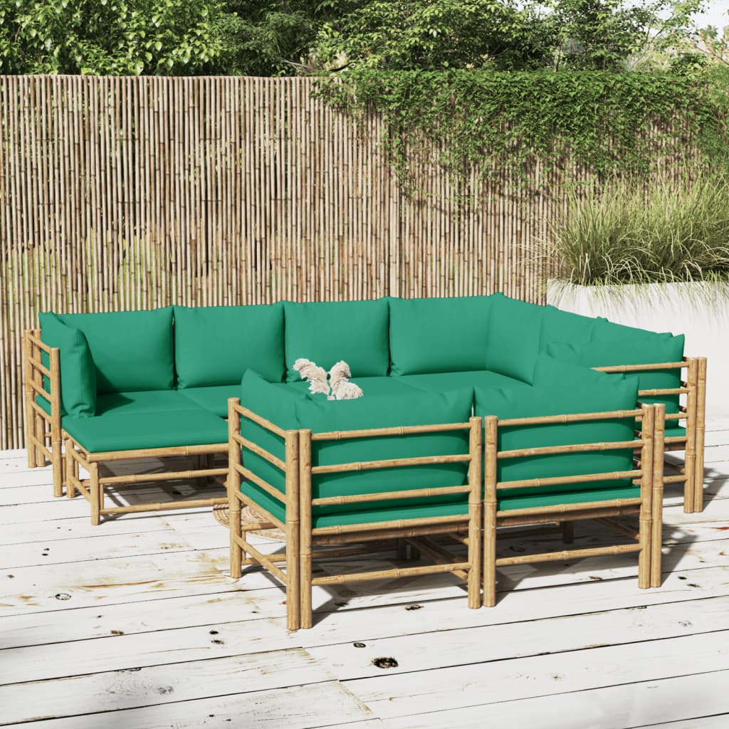10 Piece Patio Lounge Set with Green Cushions Bamboo