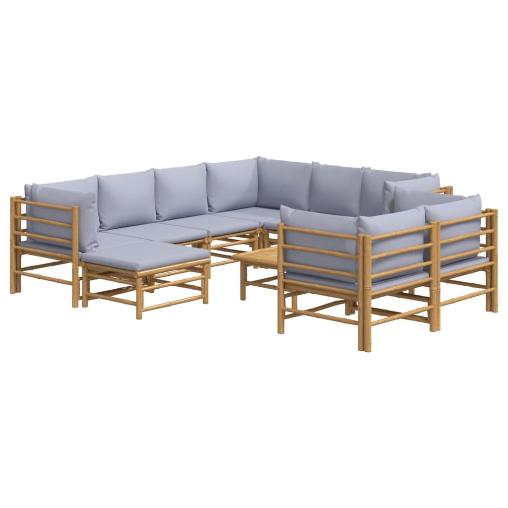 10 Piece Patio Lounge Set with Light Gray Cushions Bamboo