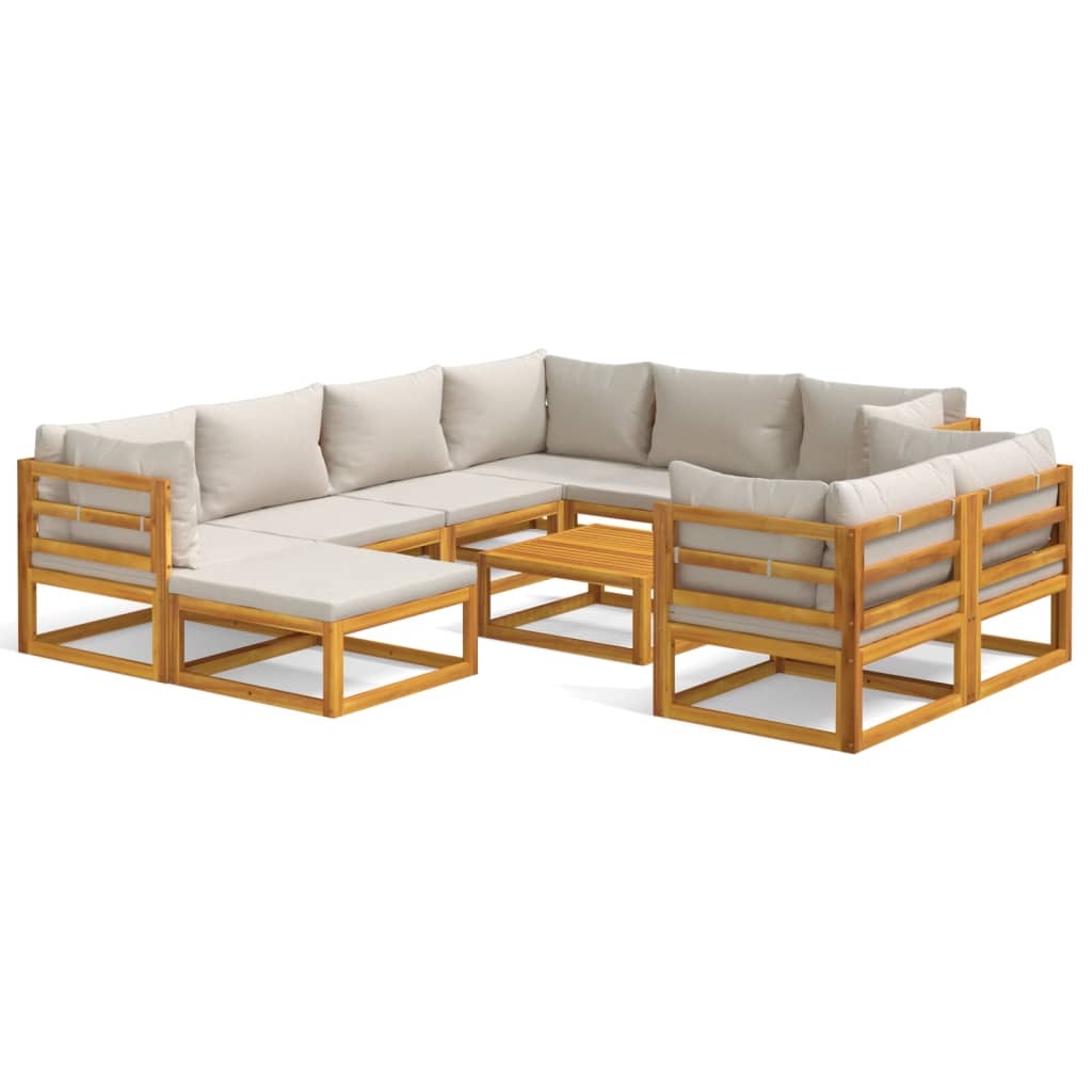 10 Piece Patio Lounge Set with Light Gray Cushions Solid Wood