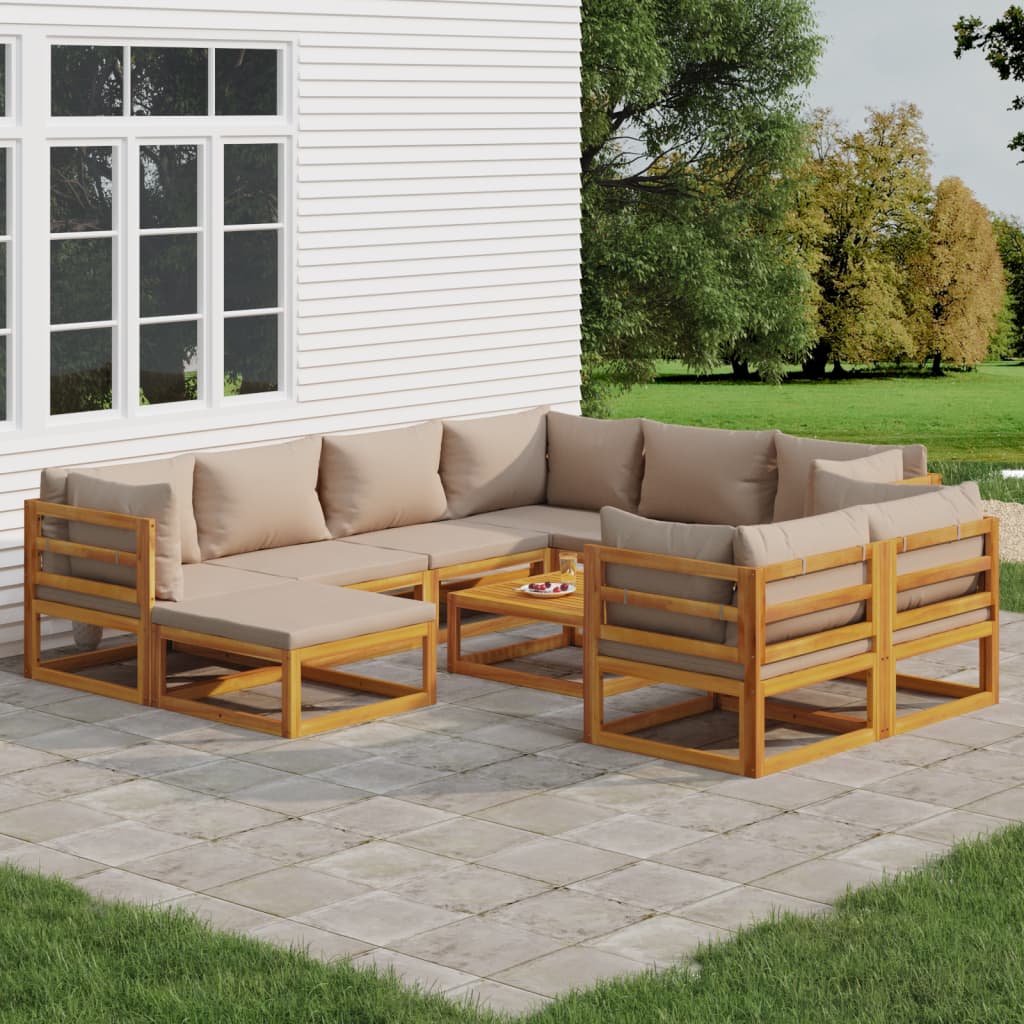 10 Piece Patio Lounge Set with Taupe Cushions Solid Wood