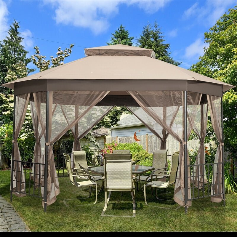 10’ x 12’ Heavy Duty Outdoor Gazebo Double Roof Octagon Patio Gazebo Canopy with Netting Sidewalls - Soothe Seating