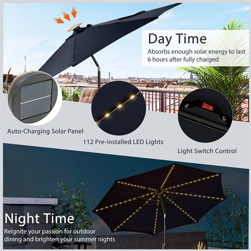 10FT Lighted Patio Umbrella Outdoor Table Market Umbrella with 112 Solar Lights Crank Lifting Handle Tilt System - Soothe Seating