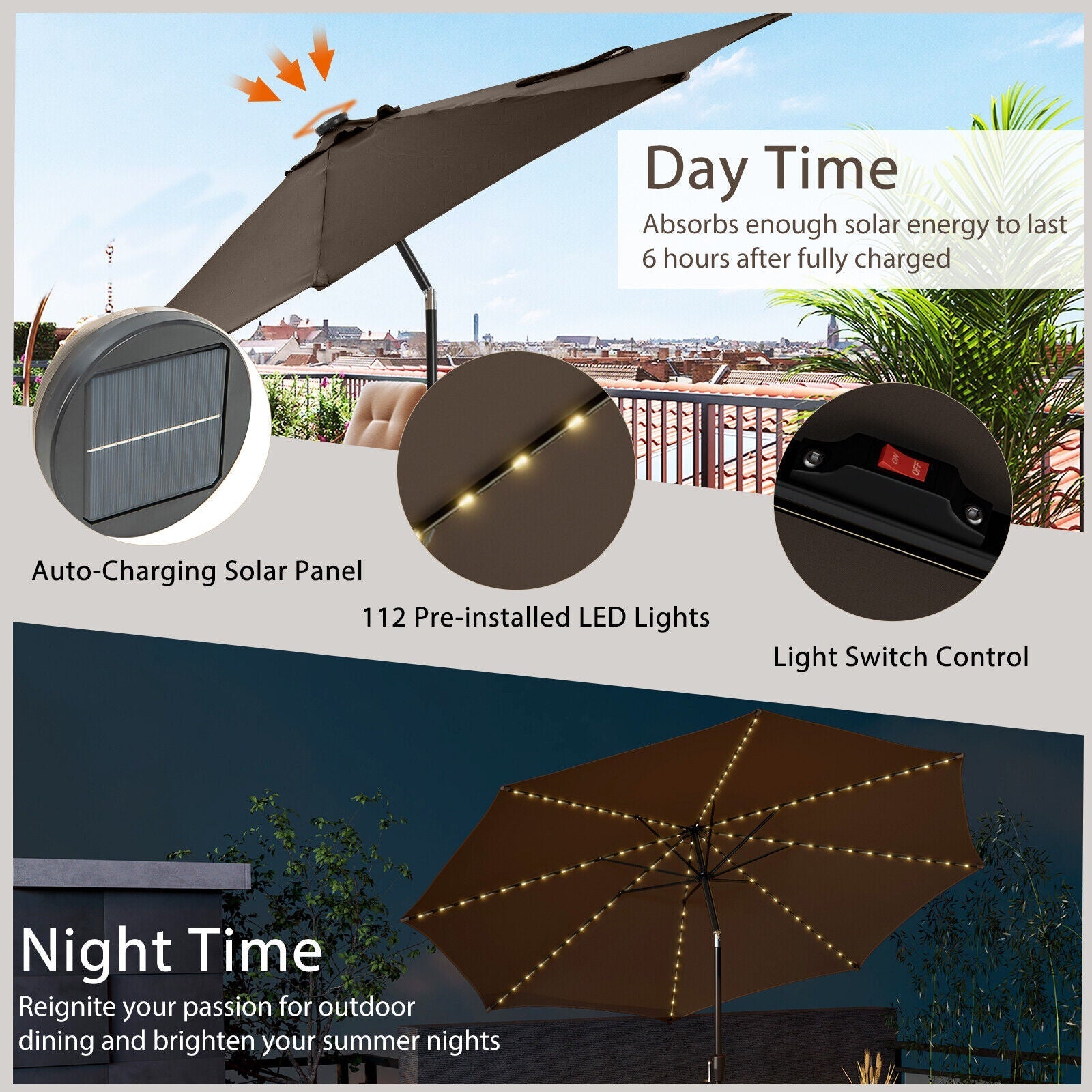 10FT Lighted Patio Umbrella Outdoor Table Market Umbrella with 112 Solar Lights Crank Lifting Handle Tilt System - Soothe Seating