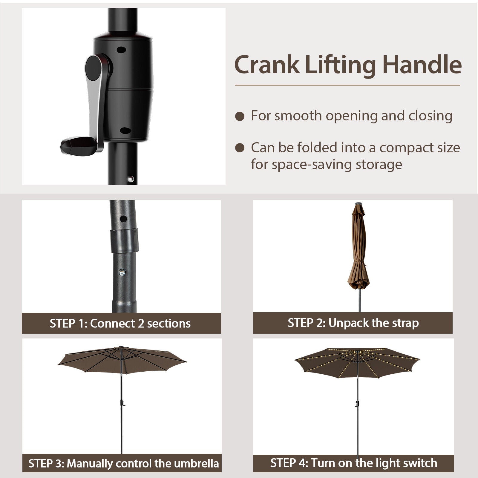 10FT Lighted Patio Umbrella Outdoor Table Market Umbrella with 112 Solar Lights Crank Lifting Handle Tilt System - Soothe Seating