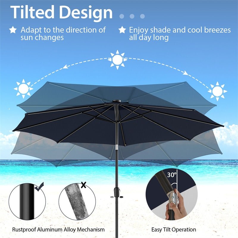 10FT Lighted Patio Umbrella Outdoor Table Market Umbrella with 112 Solar Lights Crank Lifting Handle Tilt System - Soothe Seating