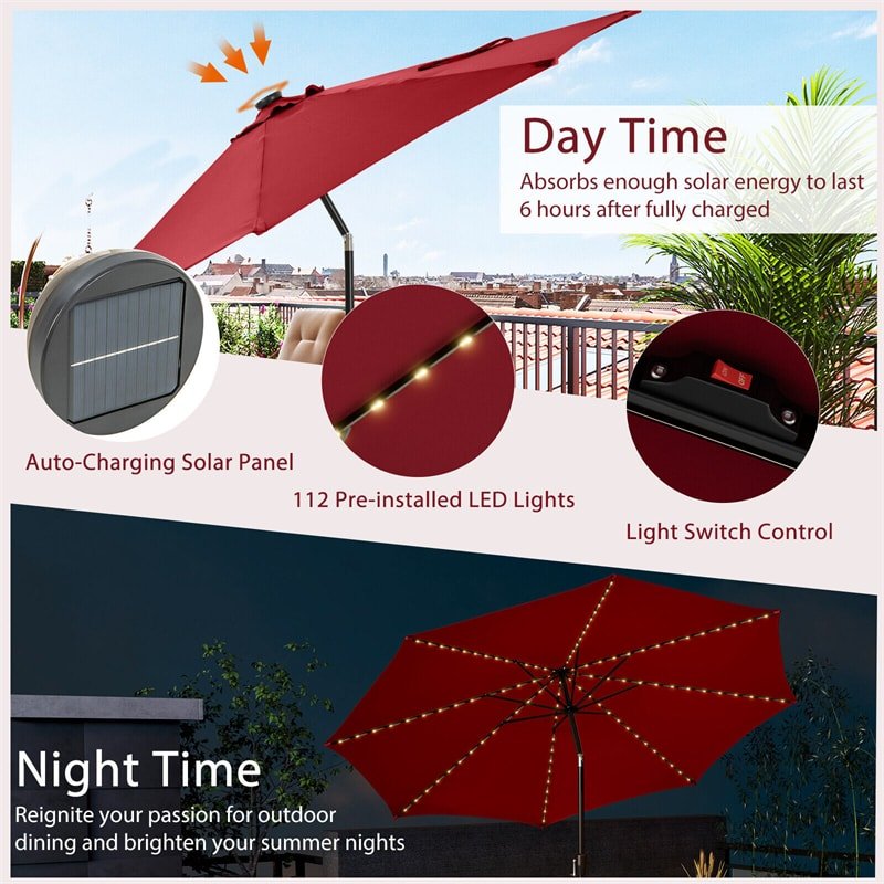 10FT Lighted Patio Umbrella Outdoor Table Market Umbrella with 112 Solar Lights Crank Lifting Handle Tilt System - Soothe Seating