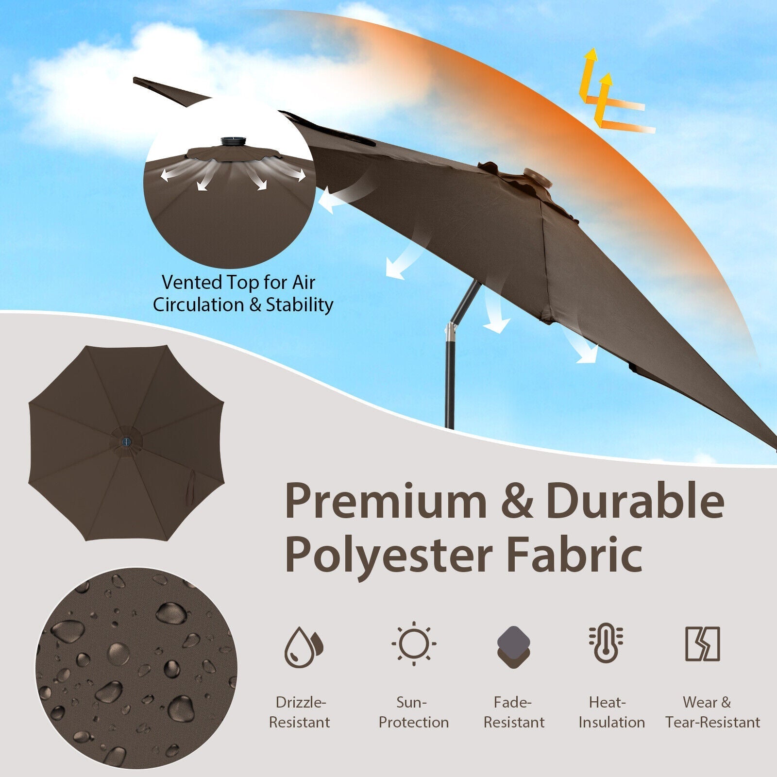 10FT Lighted Patio Umbrella Outdoor Table Market Umbrella with 112 Solar Lights Crank Lifting Handle Tilt System - Soothe Seating