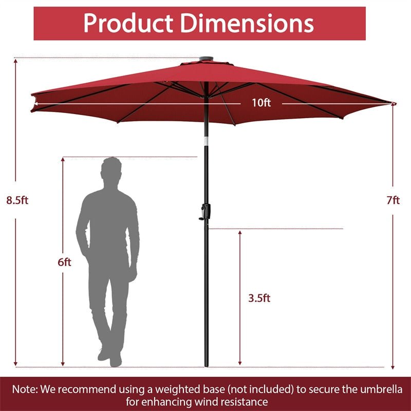 10FT Lighted Patio Umbrella Outdoor Table Market Umbrella with 112 Solar Lights Crank Lifting Handle Tilt System - Soothe Seating