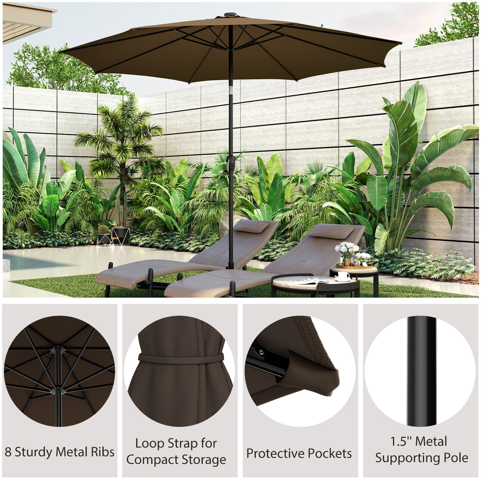 10FT Lighted Patio Umbrella Outdoor Table Market Umbrella with 112 Solar Lights Crank Lifting Handle Tilt System - Soothe Seating