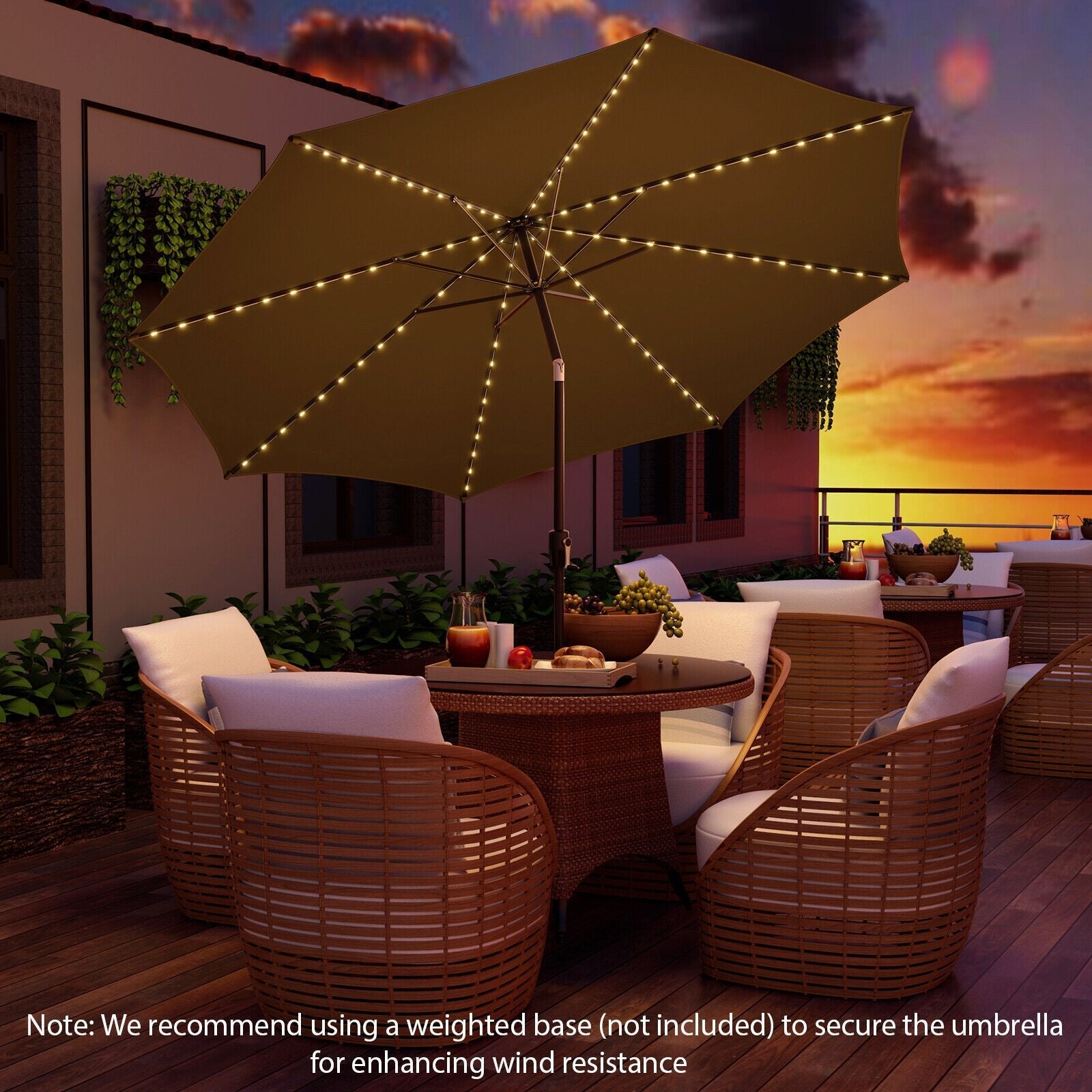 10FT Lighted Patio Umbrella Outdoor Table Market Umbrella with 112 Solar Lights Crank Lifting Handle Tilt System - Soothe Seating