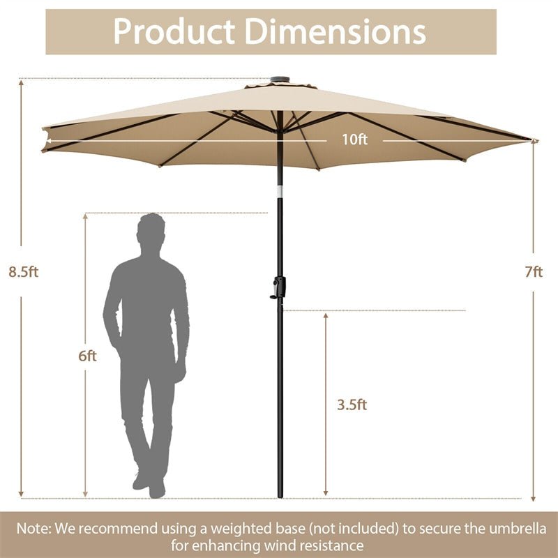 10FT Lighted Patio Umbrella Outdoor Table Market Umbrella with 112 Solar Lights Crank Lifting Handle Tilt System - Soothe Seating