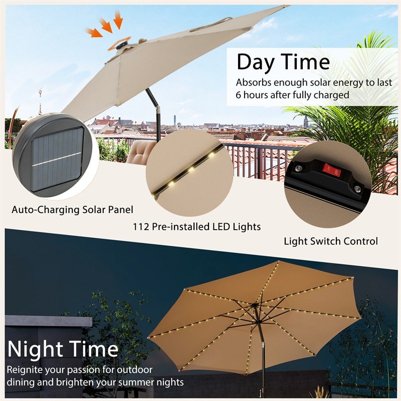 10FT Lighted Patio Umbrella Outdoor Table Market Umbrella with 112 Solar Lights Crank Lifting Handle Tilt System - Soothe Seating