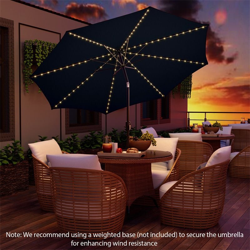 10FT Lighted Patio Umbrella Outdoor Table Market Umbrella with 112 Solar Lights Crank Lifting Handle Tilt System - Soothe Seating