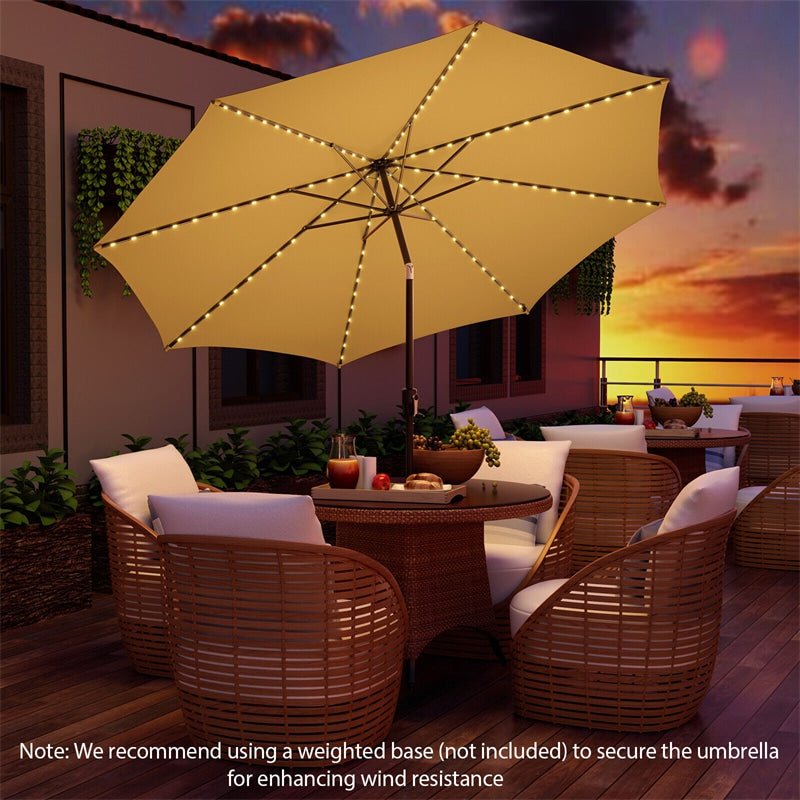 10FT Lighted Patio Umbrella Outdoor Table Market Umbrella with 112 Solar Lights Crank Lifting Handle Tilt System - Soothe Seating