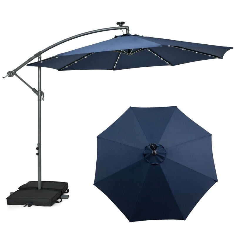 10FT Outdoor Hanging Cantilever Umbrella Offset Patio Umbrella with 32 LED Lights, Solar Panel Battery & Sand Bag - Soothe Seating