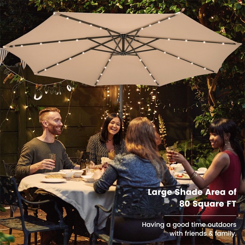 10FT Outdoor Hanging Cantilever Umbrella Offset Patio Umbrella with 32 LED Lights, Solar Panel Battery & Sand Bag - Soothe Seating